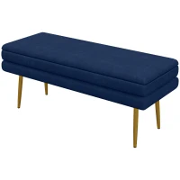 HOMCOM Banco Baú de Arrumação 2 em 1 Assento Efeito Veludo e Pés de Aço 100x37,5x42 cm Azul e Dourado(m-7)