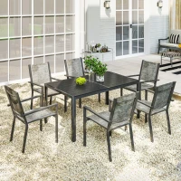 Outsunny Set da Giardino 7 Pezzi in Acciaio con Tavolo Rettangolare e 6 Sedie Impilabili Traspiranti, Grigio e Nero(m-10)