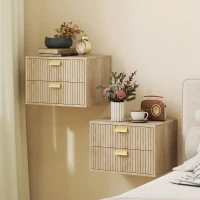 HOMCOM Modern Floating Nightstands Set of 2, Wall Mounted Bedside Tables with 2 Drawers, Oak(m-2)