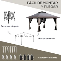 Outsunny Carpa Plegable Pop-up con Altura Ajustable Protección UV50+ Doble Techo y Mosquiteras 4x4x2,8 m Gris Claro(m-5)