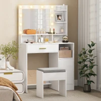 HOMCOM Tocador de Maquillaje con Luces LED y Taburete Espejo 10 Bombillas Cajón Estantes Compartimentos Blanco(m-10)