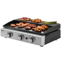 Outsunny 3 Burner Grill Griddle, Portable Gas Plancha with Warming Rack, 7.5 kW, Tabletop Gas BBQ with Grease Cup, Black(m-11)