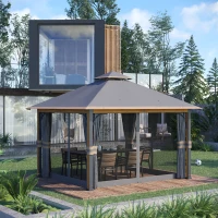 Outsunny Gazebo da Giardino 3x4 m con Zanzariera e Tende, Alluminio e Acciaio, Grigio e Marrone(m-10)