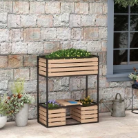 Outsunny Planzkasten Blumentreppe Hochbeet, weterbeständig, 3 Pflanzkästen, 83 cm x 39 cm x 100 cm, Natur + Schwarz(m-10)