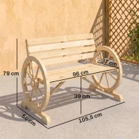 Outsunny Banc de Jardin banc 3 places en bois Style Rustique Chic accoudoirs Roues Charette Bois Sapin effet bois naturel(m-3)