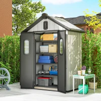Outsunny Capanno Giardino 160L x 98P x 217A cm, Plastica, Doppie Porte Bloccabili, Grigio(m-9)