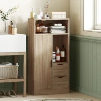 HOMCOM Meuble de salle de bain, meuble de rangement étroit avec 2 tiroirs, compartiments ouverts, 50x25x100cm, bois naturel(m-2)