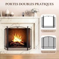 HOMCOM Pare-feu de Cheminée Pliable 3 Panneaux, 2 Portes, Style Moderne, Pare-Étincelles Cheminée en Métal, 122x10x75cm, Noir(m-5)