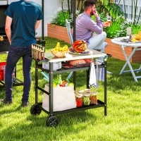 Outsunny Grillwagen 3-Etagen Servierwagen mit Arbeitsfläche Griffe Hülle Räder, BBQ Grilltisch Edelstahl 100x52x80cm Schwarz(m-2)