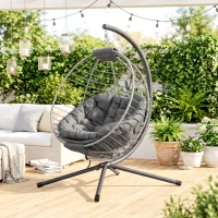 Outsunny PE Rattan Swing Chair, Outdoor Hanging Chair with Metal Stand, Thick Padded Cushion, Foldable Basket and Cup Holder, for Indoor and Outdoor, Grey(m-8)