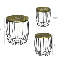 Outsunny Juego de 3 Mesas Auxiliares Apilables para Jardín de Estilo Industrial Mesas de Metal con Encimera Imitación Ratán Negro(m-3)