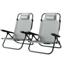 Outsunny Set 2 Scaune de Plajă Pliabile cu Spătar Reglabil și Tetieră, Metal Poliester, 63x75x80 cm, Gri Deschis(m-12)