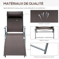 Outsunny transat Chaise Longue Bain de Soleil Pliable Dossier inclinable Multi-Positions têtière fournie 137L x 64l x 101H cm métal époxy textilène Marron(m-7)