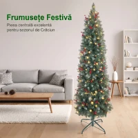 HOMCOM Brad de Crăciun Iluminat cu 200 de Lumini LED, 42 Conuri și 42 Ciorchini de Fructe de Pădure, Ø65x180 cm, Verde și Argintiu(m-4)