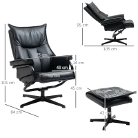 HOMCOM Poltrona Relax com Banco Giratória Encosto Reclinável Estrutura de Aço Preto(m-3)