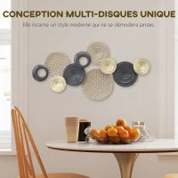 HOMCOM Décoration murale en métal, sculpture murale en métal, design unique à plusieurs disques, 100 x 50 cm, kaki et noir(m-4)