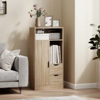 HOMCOM Meuble de salle de bain, meuble de rangement étroit avec 2 tiroirs, compartiments ouverts, 50x25x100cm, bois naturel(m-8)