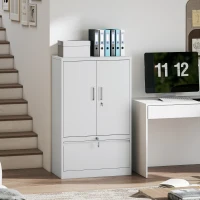 HOMCOM Dulap de Birou din Oțel cu Raft Interior Reglabil și Sertar, 80x40x130 cm, Alb(m-2)
