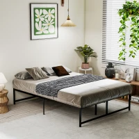 HOMCOM Cadre de lit double 140 x 190 cm, lit double 2 personnes en acier, hauteur 31 cm avec rangement, sommier à lattes, noir(m-2)