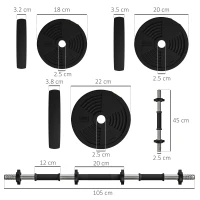 SPORTNOW Set 2 în 1 cu 2 Gantere Convertibile în Bară, Greutate Totală 25 kg și Discuri Reglabile, Negru(m-3)