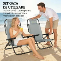 Outsunny Set 2 Scaune de Plajă Pliabile cu Spătar Reglabil și Tetieră, Metal Poliester, 63x75x80 cm, Gri Deschis(m-4)