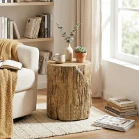 HOMCOM Tree Stump End Table, Round Concrete Side Table for Indoor and Outdoor Use, Natural Wood Effect(m-10)