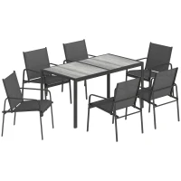 Outsunny Set Masă și Scaune de Grădină 7 piese cu 6 Scaune Respirabile din Textilenă și Măsuță de Cafea cu Aspect Lemn, Negru(m-1)