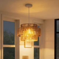 HOMCOM Luminária pendente, cúpula de 3 níveis, Metal, corda de cânhamo, Marrom claro(m-5)