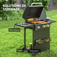 Outsunny Barbecue gaz 3+1 brûleurs en acier, puissance 9,5 kW, barbecue de jardin 2 grilles étagères latérales, 2 roues, noir(m-6)