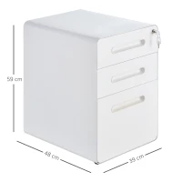Vinsetto Carrinho com 3 Gavetas Arquivo Móvel com Rodízios Fechável Armário de Escritório com Pastas Suspensas e Porta-lápis, Gaveteiro para Escrivaninha 39x48x59cm Branco(m-3)