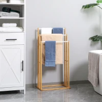 HOMCOM Handtuschständer aus Bambus. 3-teiliges Design, 3 Handtuchstangen 48 cm x 25,8 cm x 94 cm, Natur + Weiß(m-10)