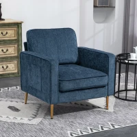 HOMCOM Fauteuil en tissu avec pieds en acier doré, grand confort, pochettes latérales, pour salon, bureau, chambre, bleu(m-10)