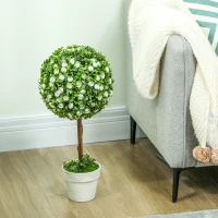 HOMCOM Set of 2 Decorative Artificial Plants, Ball Topiary Tree with Rose Flower in Pot, Fake Plants for Home Indoor Outdoor Decor, 60cm, White(m-7)