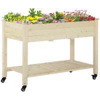 Outsunny Pat de grădină înălțat din lemn cu roți și raft inferior, 118x55x83cm, lemn natural(m-11)