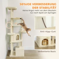PawHut Arranhador Grande de 2 Metros para 2-3 Gatos, Postes para Arranhar, Tocas, Rede, Esconderijos, Design Multinível, Sisal, Madeira, Pelúcia, Bege(m-4)