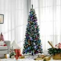 HOMCOM 6FT Tall Prelit Pencil Slim Artificial Christmas Tree with Realistic Branches, 300 Colourful LED Lights and 618 Tips, Xmas Decoration, Green(m-2)