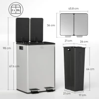 HOMCOM Coș gunoi cu pedală bucătărie, capac închidere ușoară, recipiente interioare detașabile, oțel, 2x28L, argintiu(m-3)