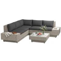 Outsunny 4 PCs Rattan Garden Furniture Outdoor Sectional Corner Sofa and Coffee Table Set - Conservatory Wicker Weave Furniture with Armrest and Cushions, Light Grey(m-14)