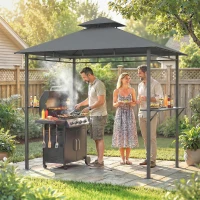 Outsunny Grillpavillon 2,4 x 1,4 m, Windfest Grillüberdachung mit Doppeldach Lüftungsöffnung Seitenregalen(m-8)