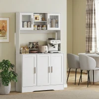 HOMCOM Servantă de Bucătărie înaltă de 180 cm, Dulap Dispensa cu 4 Dulapuri, Uși din Sticlă Securizată, 2 Rafturi Deschise, Rafturi Reglabile, Blat pentru Cuptorul cu Microunde, pentru Sala de Prânz sau Living, Alb(m-8)