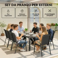 Outsunny Set da Esterno 9pz con 8 Sedie Impilabili in Texteline e Tavolino da Caffè con Piano in Vetro, Nero(m-6)