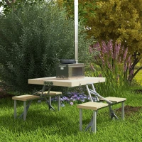 Outsunny Tavolo da Picnic Pieghevole con Sgabelli Integrati e Foro per Ombrellone in Alluminio e Legno(m-6)