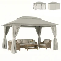 Outsunny 3 x 4 m Outdoor Garden Gazebo with Netting and Curtains, UPF50+ Patio Gazebo Permanent Pavilion Canopy, Beige(m-11)
