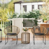 Outsunny Set de Grădină 3 Piese din Ratan și Oțel cu 2 Scaune cu Perne și Măsuță de Cafea Cilindrică, Multicolor(m-10)