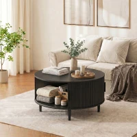 HOMCOM Coffee Table with Lift Top and Hidden Storage, Round Centre Table with Fluted Sliding Door, 80 cm, Black Wood Effect(m-8)