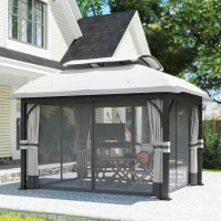 Outsunny Gartenpavillon, 3,3 x 4 m Gartenzelt mit Netz-Vorhängen, zweistufiges Dach, Kunstleder-Bezug, Metallrahmen, Hellgrau(m-8)