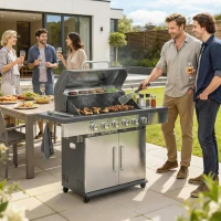 Outsunny 6 Burner Liquid Propane Gas BBQ Grill, Outdoor Portable Gas Barbecue Grill with Warming Rack, Side Tables, Cabinet(m-10)