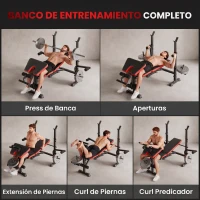 HOMCOM Banco de Musculación Multifuncional, Banco de Pesas con Respaldo Ajustable, Soporte para Barras Regulable, Extensión de Piernas, Curl de Predicador, Mariposa, Entrenamiento Casa Gimnasio, Rojo(m-4)