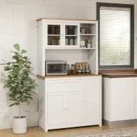 HOMCOM Armário de cozinha estilo rústico, 1 vitrine, 1 prateleira aberta, 1 gaveta, 2 armários, natural + branco(m-2)