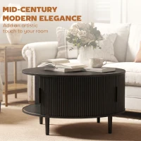 HOMCOM Coffee Table with Lift Top and Hidden Storage, Round Centre Table with Fluted Sliding Door, 80 cm, Black Wood Effect(m-5)